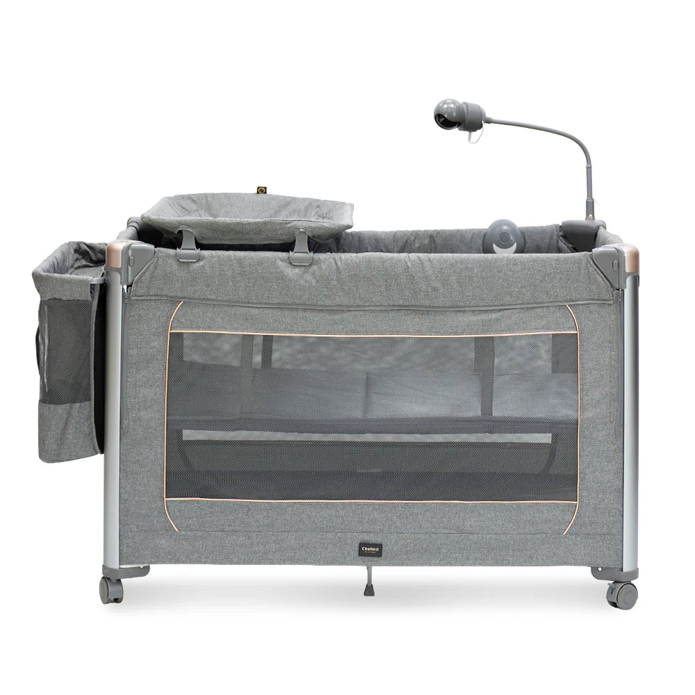 7 in 1 Cuddle Me Camping Cot - Co-Sleeper, Baby Monitor, Storage Caddy, Playpen, Mattress, Music with Light Box, Changing Pad